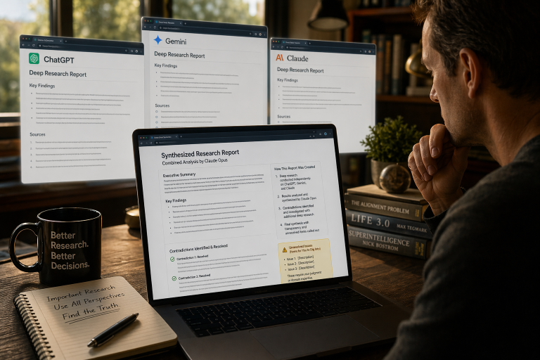 Run multiple "deep research" queries on all three AI services (ChatGPT, Gemini, Claude), then feed those results to Claude's Opus model (highest-end currently), and ask Claude to combine & synthesize one final report.